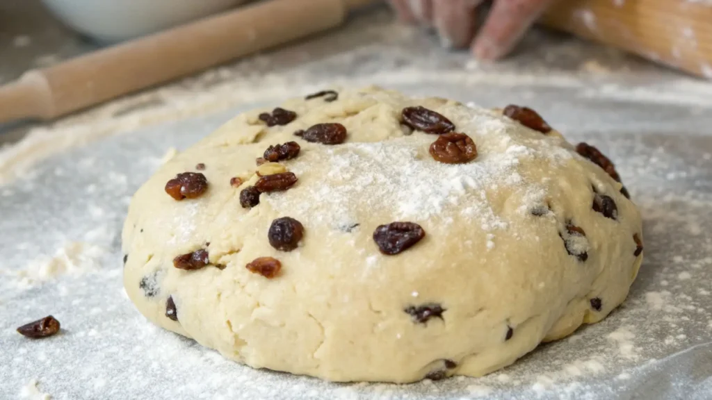Irish Soda Bread Recipe Nostalgic Ultimate Classic 2 Shaped Irish soda bread dough studded with raisins, lightly floured and resting on a work surface before baking.