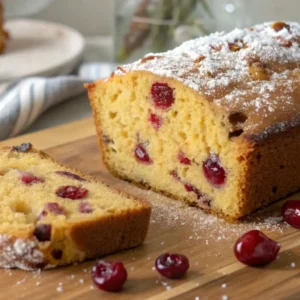 Orange cranberry bread loaf dusted with powdered sugar on a wooden cutting board, with a sliced piece showing a moist crumb and whole cranberries.