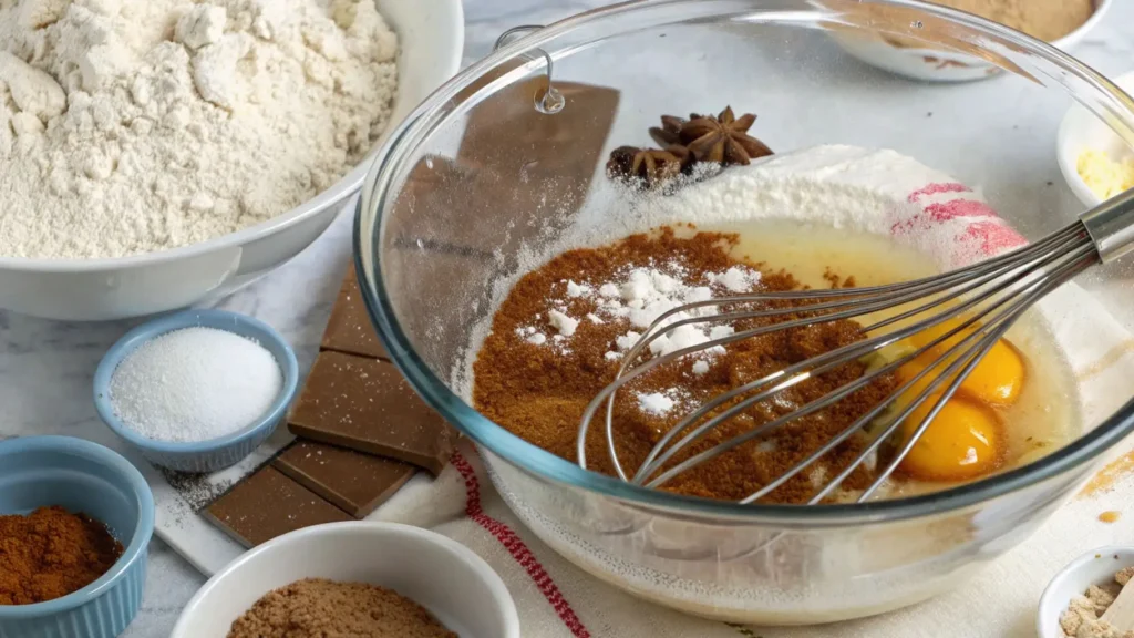 Mixing gingerbread cake batter with eggs, brown sugar, spices, and flour in a glass bowl with a whisk.