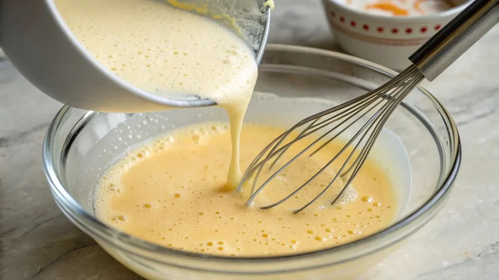 Warm eggnog mixture being slowly poured into beaten egg yolks while whisking to temper the custard for eggnog pie filling.