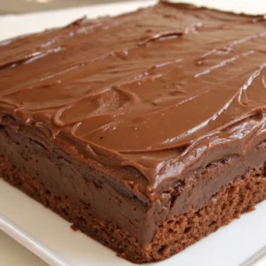 Close-up of Texas Sheet Cake showing a moist chocolate base topped with thick, glossy chocolate frosting spread smoothly.