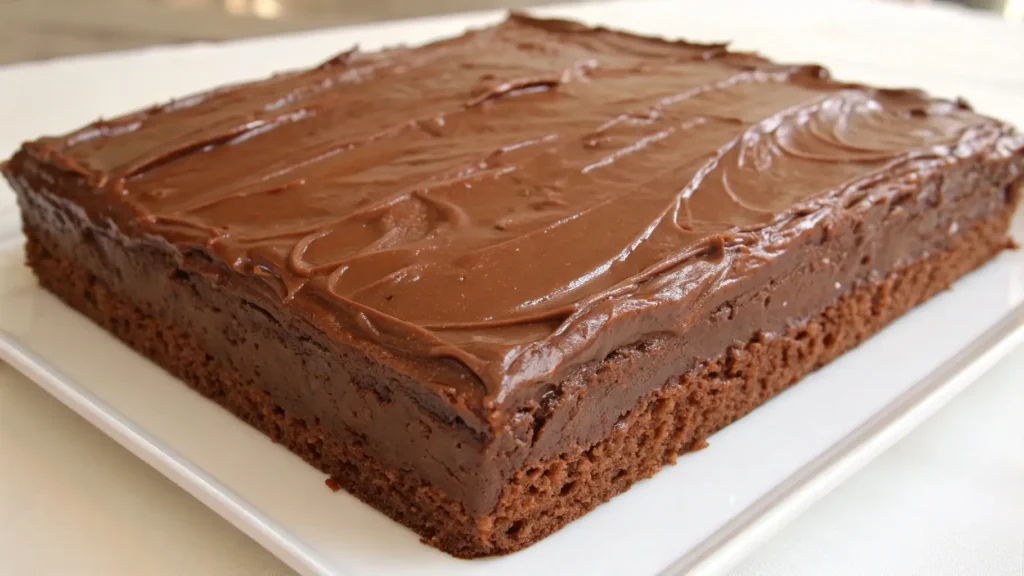 Texas Sheet Cake with rich chocolate frosting spread smoothly over a moist chocolate base on a white serving plate.