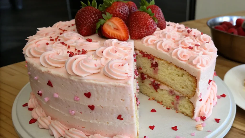 Valentine's Cake Sensational Sweet Surprise Recipe 2 Whole Valentine’s cake with pink strawberry buttercream, piped rosettes, fresh strawberries on top, and a slice cut to reveal vanilla layers with strawberry filling.
