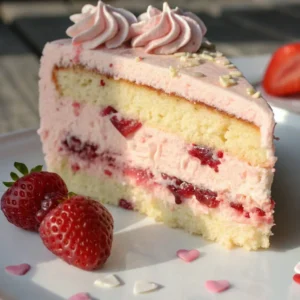 Valentine's Cake Sensational Sweet Surprise Recipe 3 Slice of Valentine’s cake with soft pink strawberry buttercream, vanilla sponge layers, and fresh strawberry filling, served with whole strawberries on a white plate.