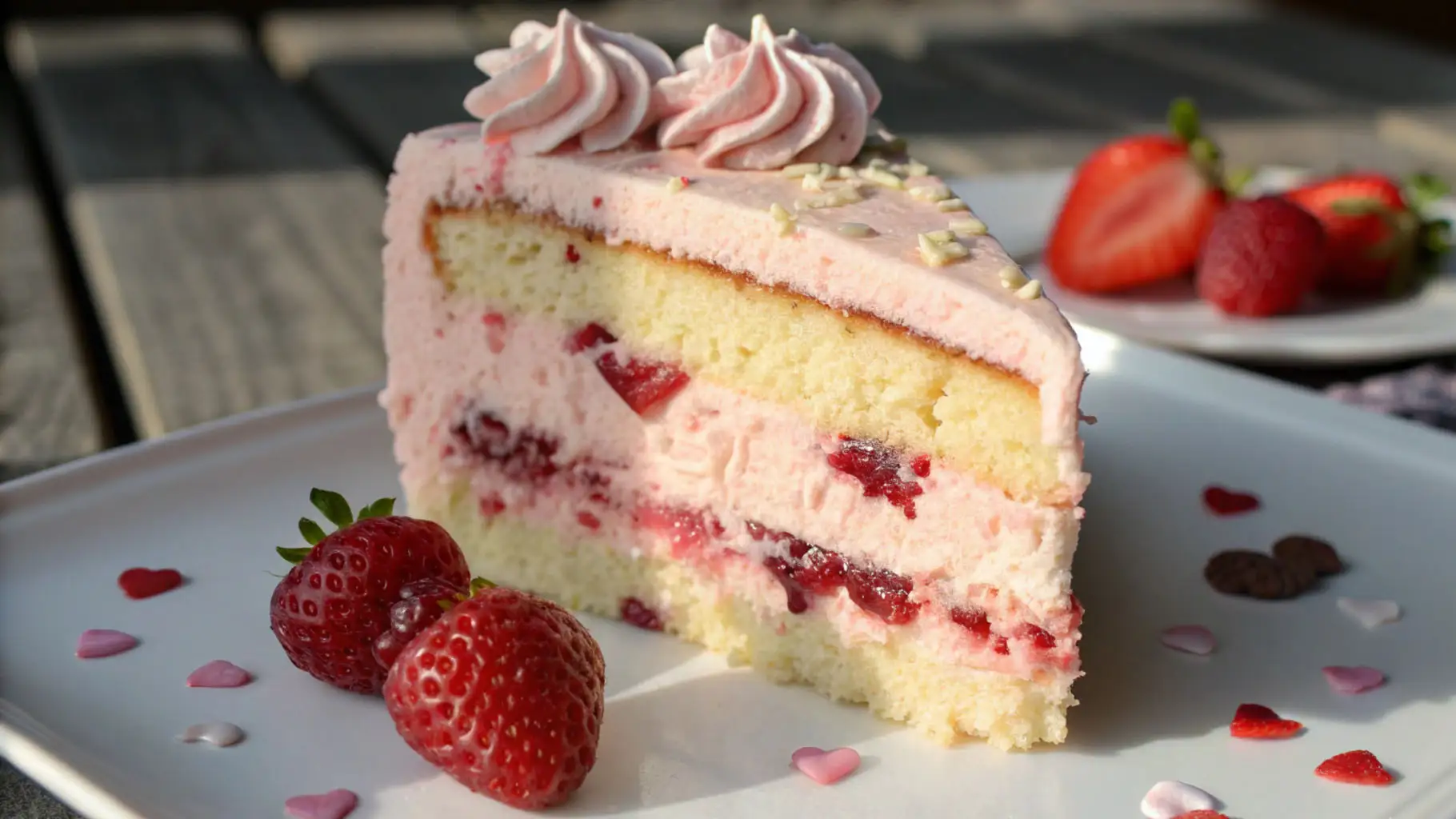 Valentine's Cake Sensational Sweet Surprise Recipe 1 Slice of Valentine’s cake with pink strawberry buttercream, vanilla layers, and fresh strawberry filling on a white plate.