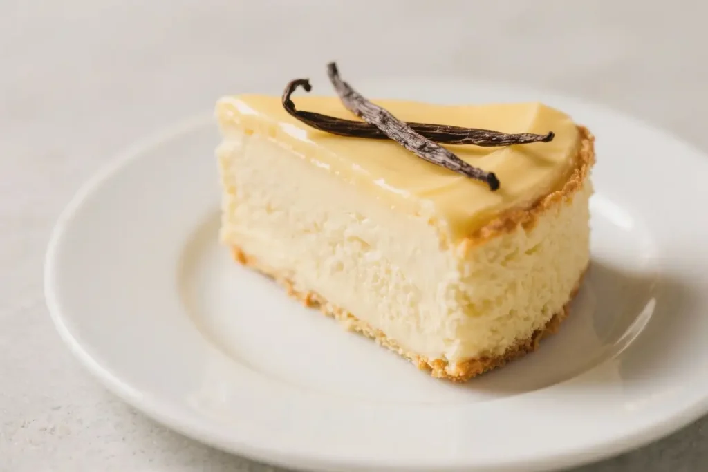 Slice of vanilla magic custard cake with creamy custard layers and a golden sponge base, topped with vanilla beans on a white plate.