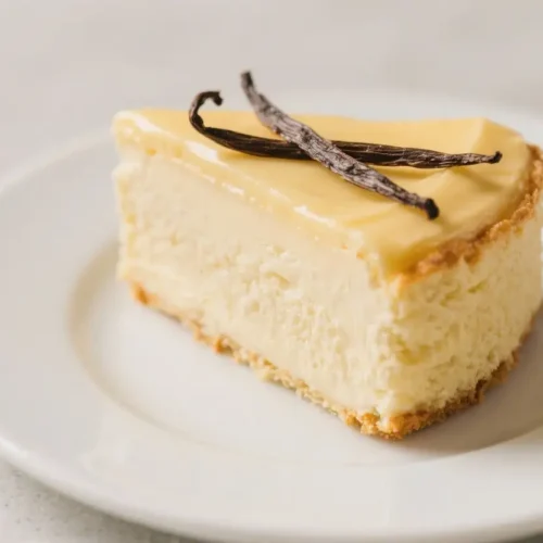 Slice of vanilla magic custard cake with creamy custard layers and a golden sponge base, topped with vanilla beans on a white plate.