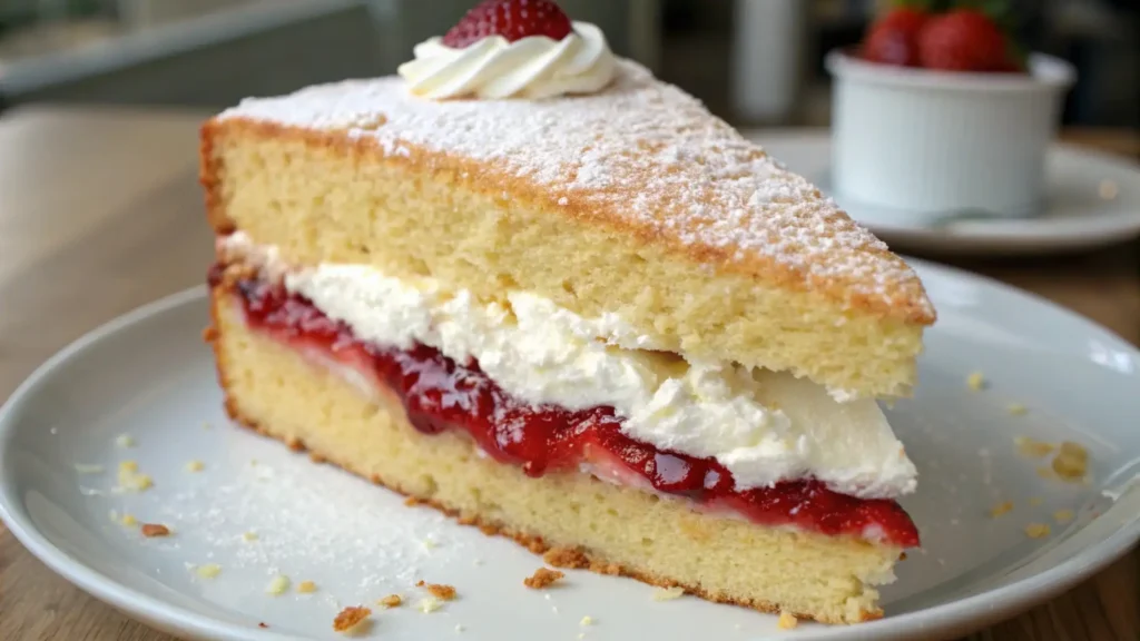 Slice of classic Victoria sponge cake layered with whipped cream and strawberry jam, dusted with powdered sugar on a plate.