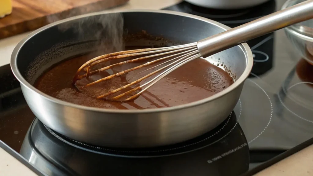 Chocolate cocoa-butter mixture being whisked in a saucepan on the stovetop with steam rising.