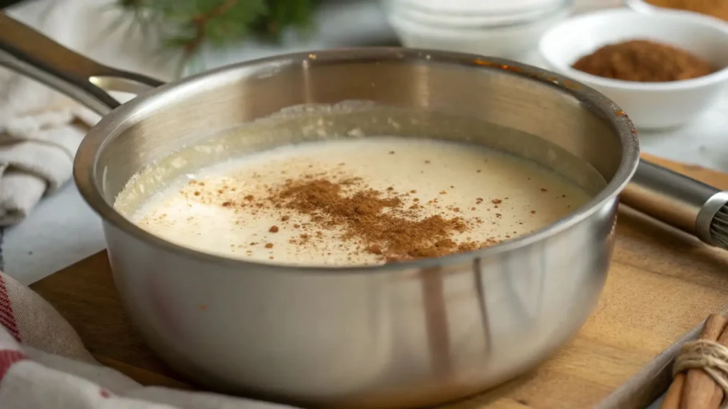 Saucepan of warming eggnog with cinnamon and nutmeg sprinkled on top, gently heating on a stovetop for eggnog pie filling.