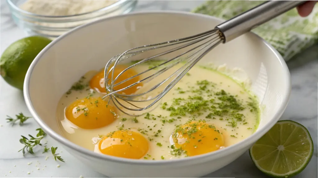 Key Lime Pie Recipe for a Guilty-Pleasure, Ultimate Slice 3 Whisking key lime pie filling with egg yolks, sweetened condensed milk, and fresh lime zest in a white mixing bowl.