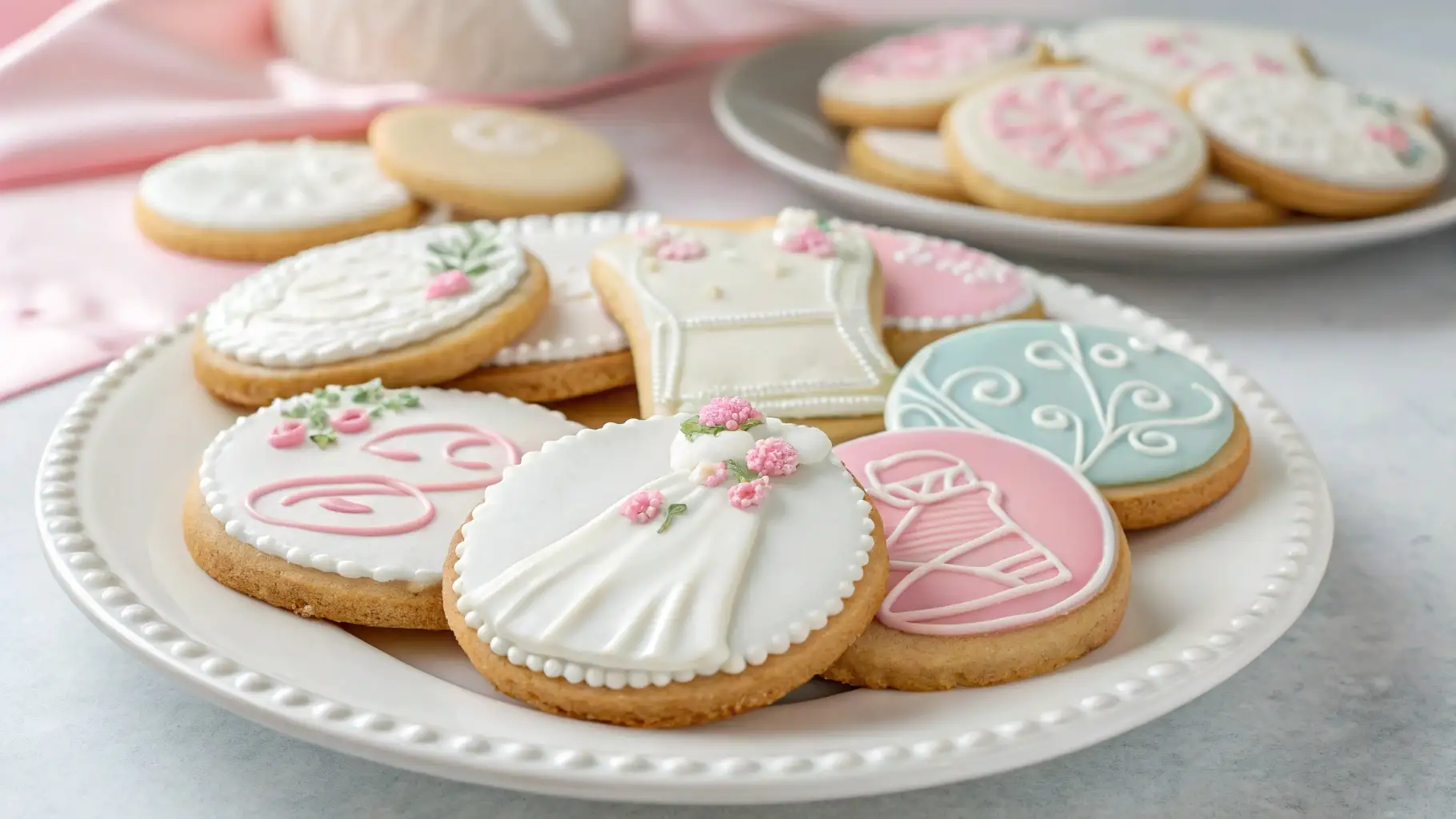 Decorated bridal shower sugar cookies with pastel icing designs including wedding dresses, flowers, and monograms.