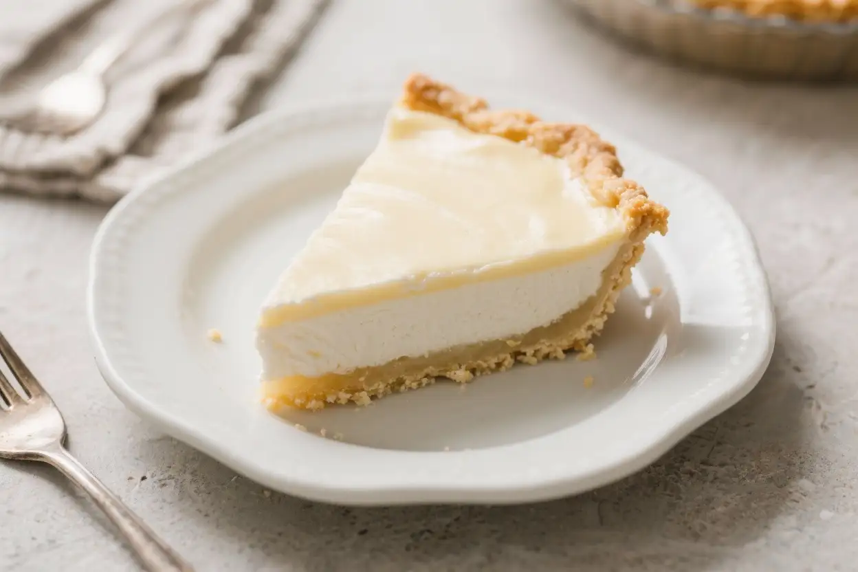 Slice of classic buttermilk pie with a creamy custard filling and flaky golden crust served on a white plate.