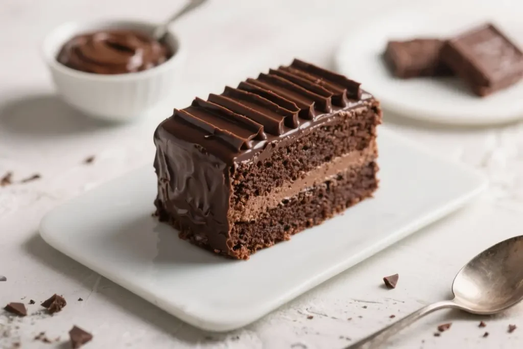 Slice of rich chocolate cake layered with creamy chocolate frosting and topped with glossy chocolate ganache.