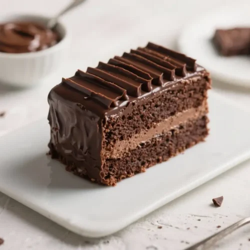 Slice of rich chocolate cake layered with creamy chocolate frosting and topped with glossy chocolate ganache.