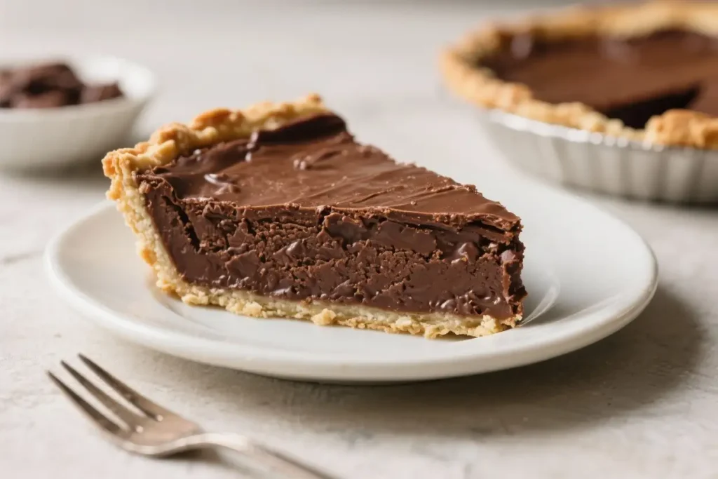 Slice of old-fashioned chocolate pie with a rich, creamy chocolate filling and flaky golden crust served on a white plate.