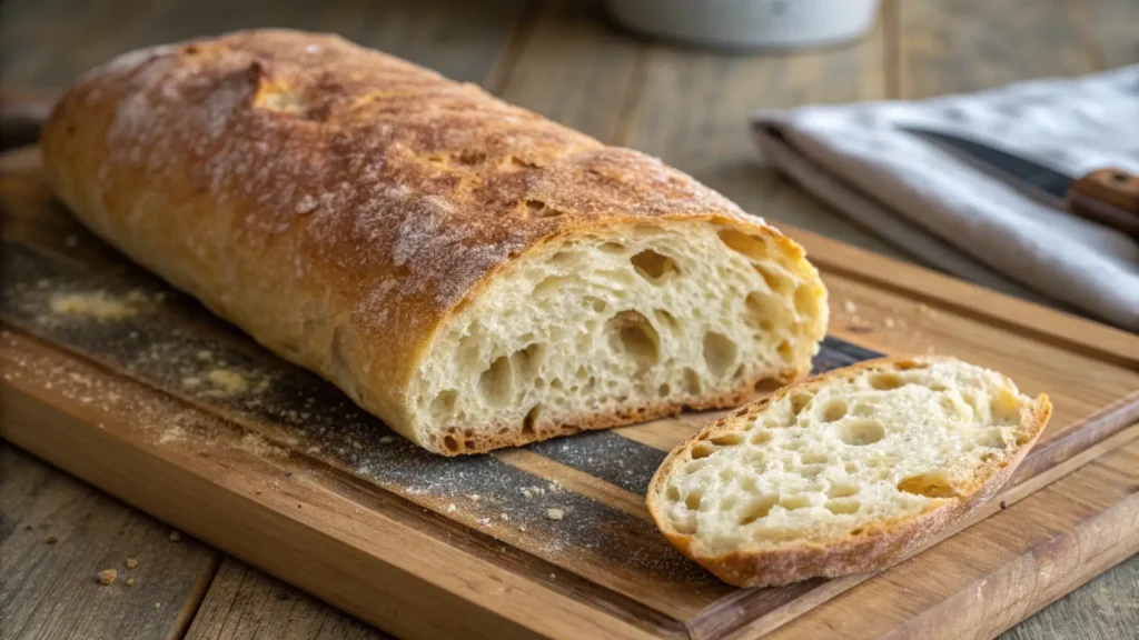 Freshly baked ciabatta bread loaf with a golden crust and airy open crumb, sliced on a wooden cutting board.