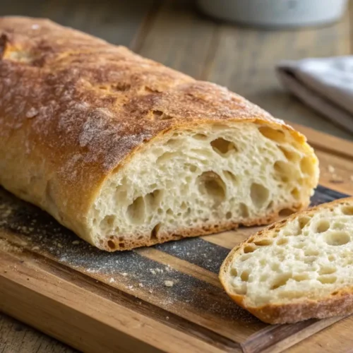 Freshly baked ciabatta bread loaf with a golden crust and airy open crumb, sliced on a wooden cutting board.