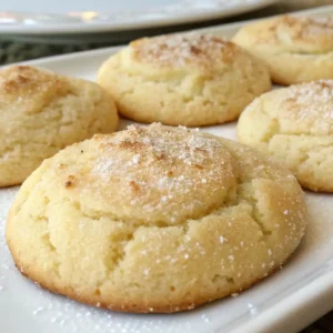 Close-up of a crackled cream cheese sugar cookie with a light sugar dusting on a white plate.