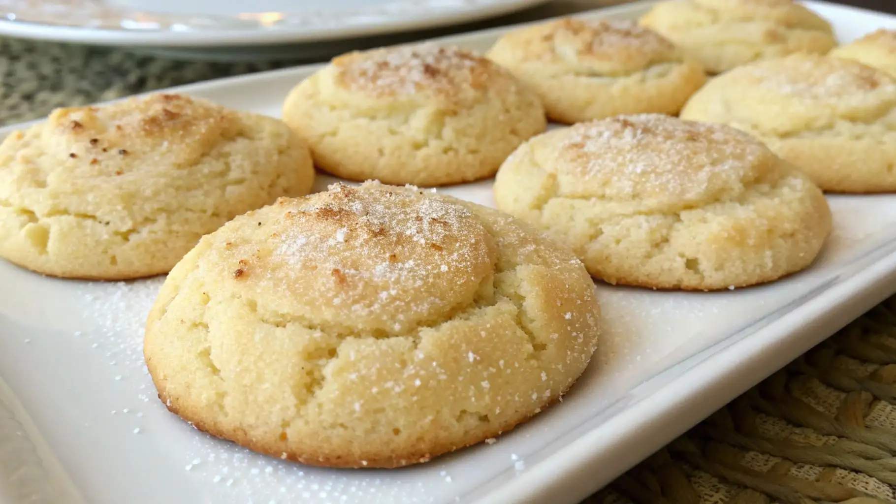 Soft, crackled cream cheese sugar cookies dusted with sugar on a white serving platter.