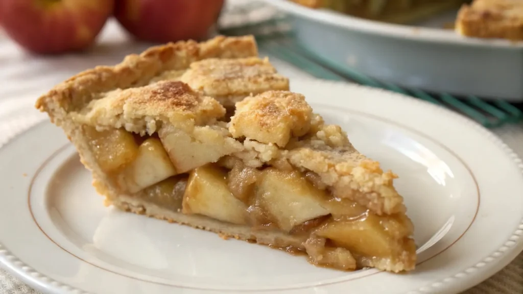 Slice of easy homemade apple pie with tender cinnamon-spiced apples and a golden flaky crust on a white plate.