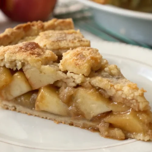Slice of easy homemade apple pie with tender cinnamon-spiced apples and a golden flaky crust on a white plate.
