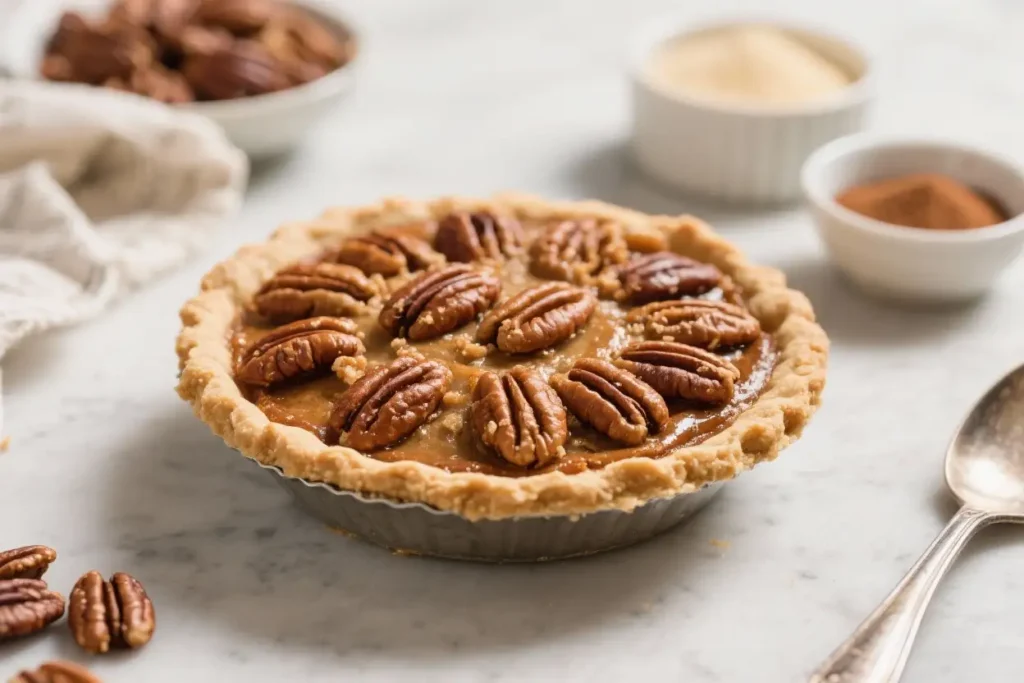Easy homemade pecan pie with a flaky crust and glossy pecan topping on a marble countertop.