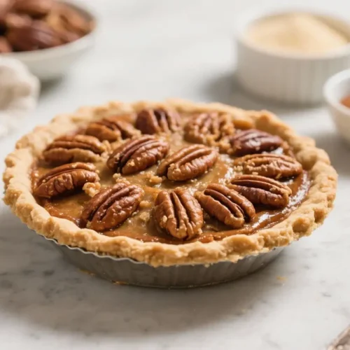 Easy homemade pecan pie with a flaky crust and glossy pecan topping on a marble countertop.