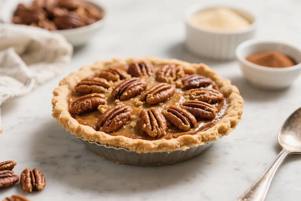 Easy homemade pecan pie with a flaky crust and glossy pecan topping on a marble countertop.