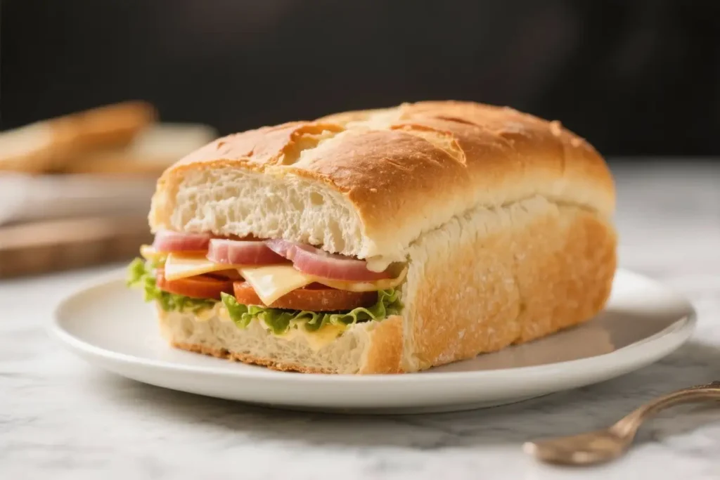 Homemade sandwich bread loaf filled with ham, cheese, lettuce, and tomato on a white plate.
