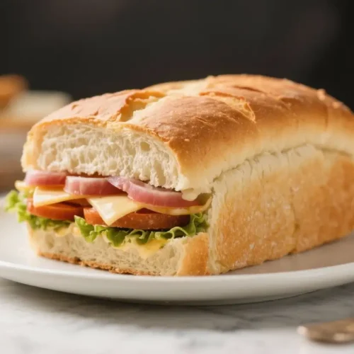Homemade sandwich bread loaf filled with ham, cheese, lettuce, and tomato on a white plate.