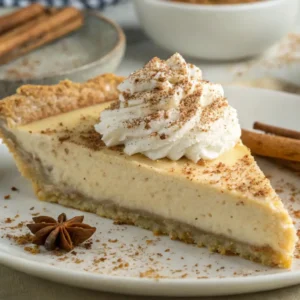 Slice of creamy eggnog pie with a smooth custard filling, graham cracker crust, and whipped cream topped with nutmeg and cinnamon.
