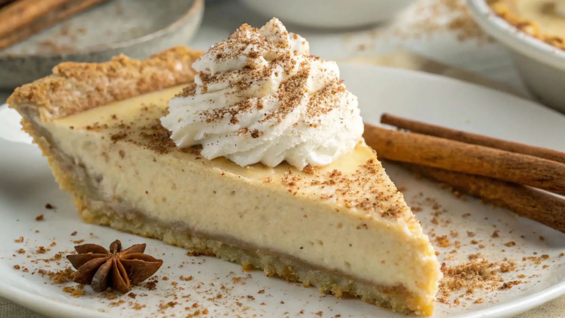 Slice of creamy eggnog pie topped with whipped cream and nutmeg on a white plate, served with cinnamon sticks and warm holiday spices.