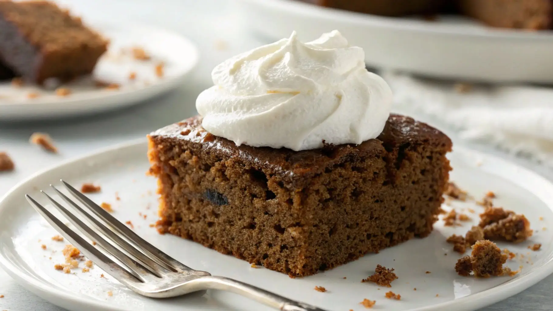Slice of moist gingerbread cake topped with whipped cream on a white plate with a fork.