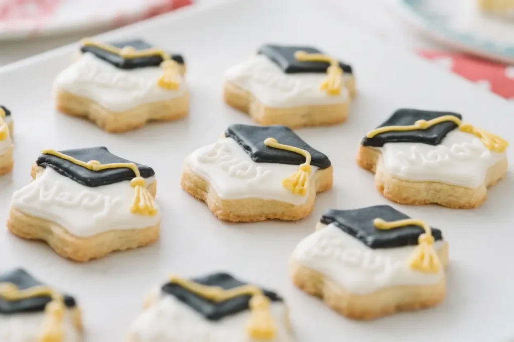 Decorated graduation cookies shaped like caps, iced in white and black with yellow tassel details, arranged on a tray.