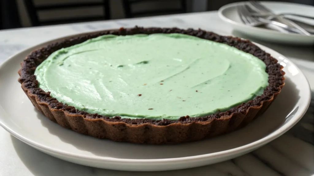 Whole grasshopper pie with a chocolate crust and smooth mint-green filling on a white plate.