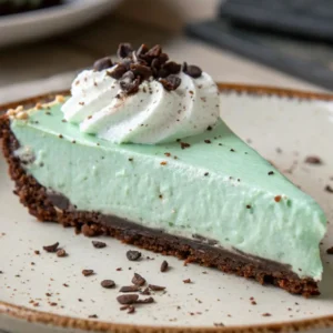 Close-up of a slice of grasshopper pie with a mint-green creamy filling, chocolate crust, whipped cream topping, and chocolate shavings on a ceramic plate.