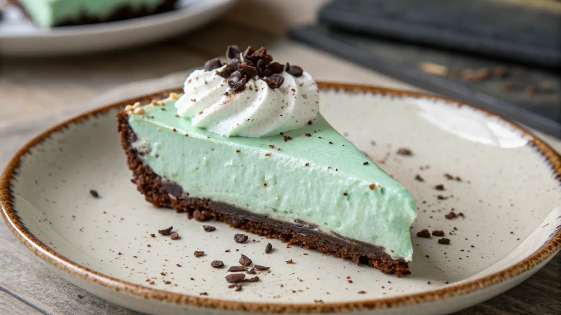 Slice of grasshopper pie with a creamy mint-green filling, chocolate cookie crust, whipped cream topping, and chocolate shavings on a ceramic plate.