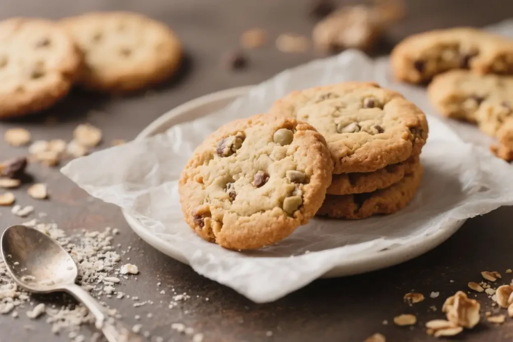 Healthy homemade cookies with oats and chocolate chips stacked on a plate, baked until golden and soft.
