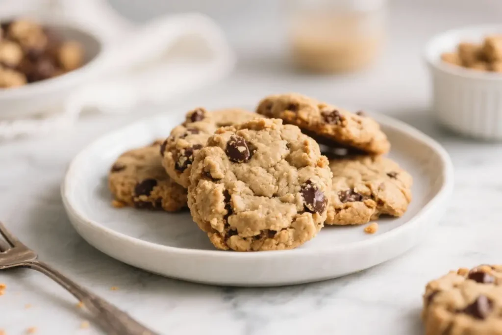Healthy no bake cookies made with oats, peanut butter, and chocolate chips stacked on a white plate.
