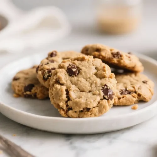 Healthy no bake cookies made with oats, peanut butter, and chocolate chips stacked on a white plate.