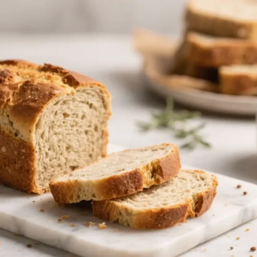 Sliced homemade keto bread loaf with a golden crust and soft crumb, displayed on a marble board with coffee and toast in the background.