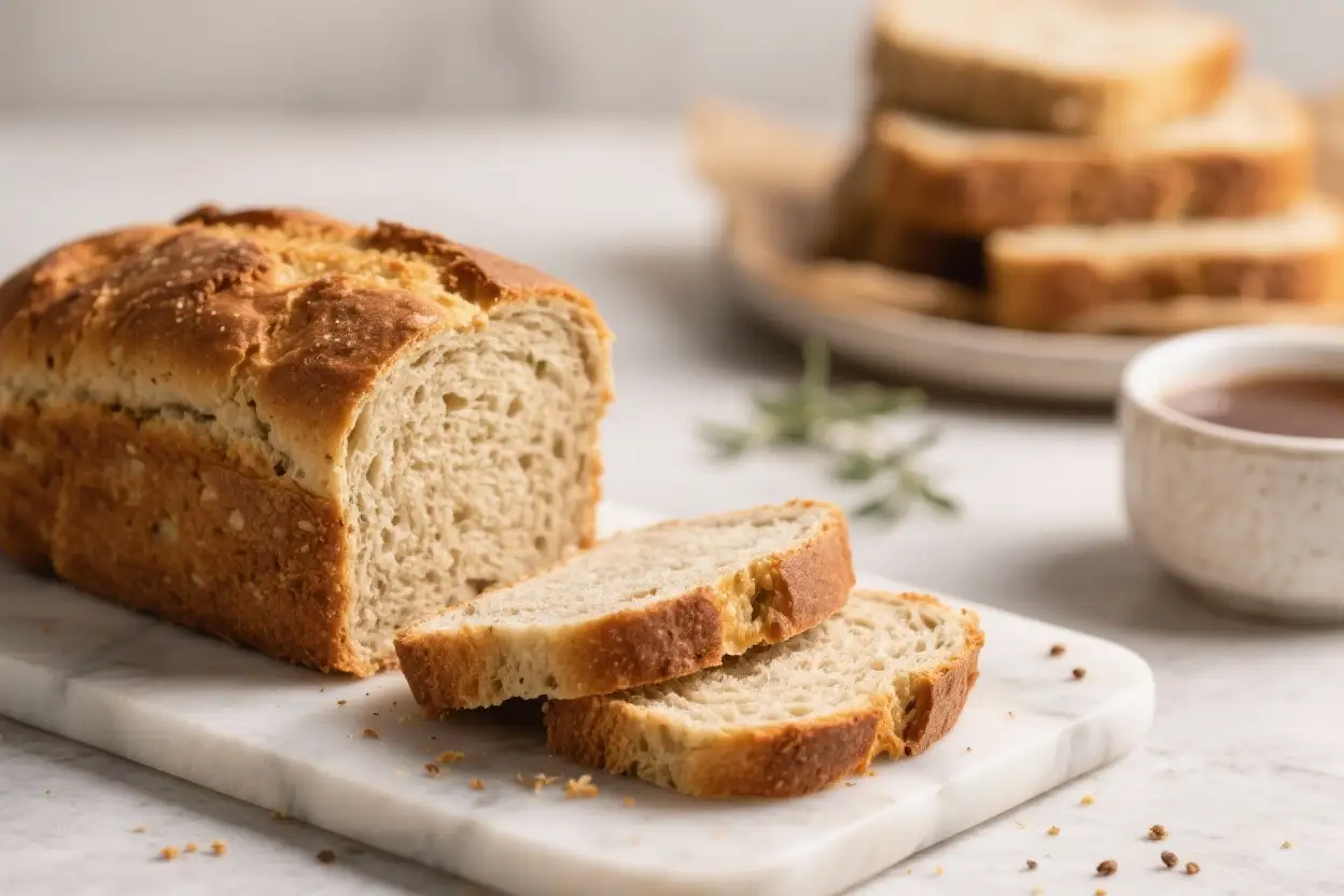 Sliced homemade keto bread loaf with a golden crust and soft crumb, displayed on a marble board with coffee and toast in the background.