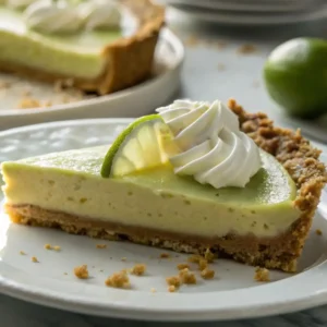 Key Lime Pie Recipe for a Guilty-Pleasure, Ultimate Slice 4 Slice of key lime pie with smooth pale-green filling, buttery graham cracker crust, whipped cream swirl, and fresh lime garnish on a white plate.