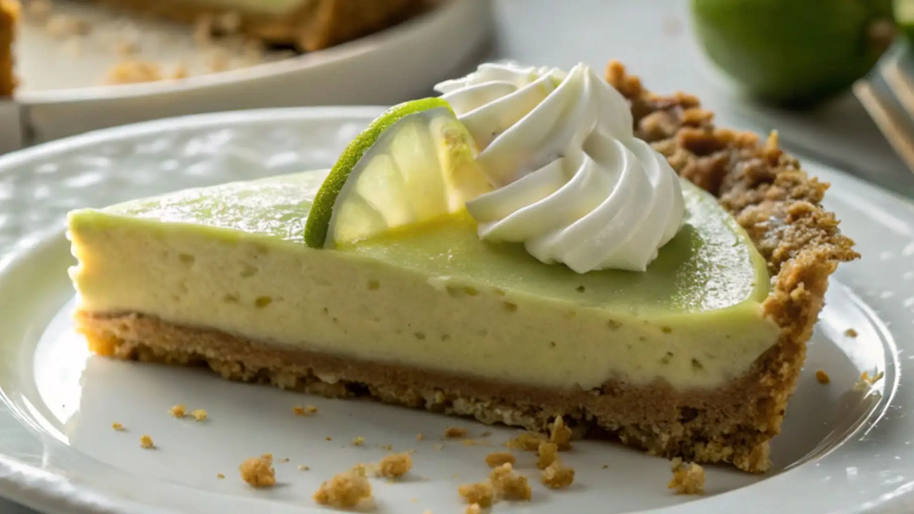Key Lime Pie Recipe for a Guilty-Pleasure, Ultimate Slice 1 Slice of key lime pie with creamy pale-green filling, graham cracker crust, whipped cream topping, and fresh lime garnish on a white plate.