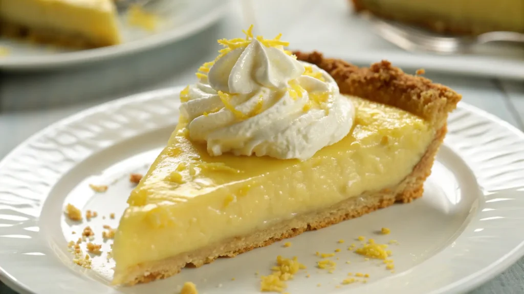 Creamy lemon pie slice made with condensed milk topped with whipped cream