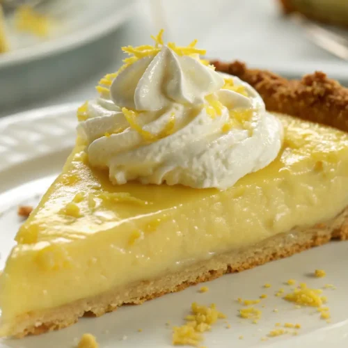 Creamy lemon pie slice made with condensed milk topped with whipped cream