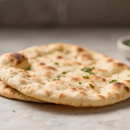 Soft homemade naan bread with golden charred spots, stacked on a countertop and garnished with fresh herbs.