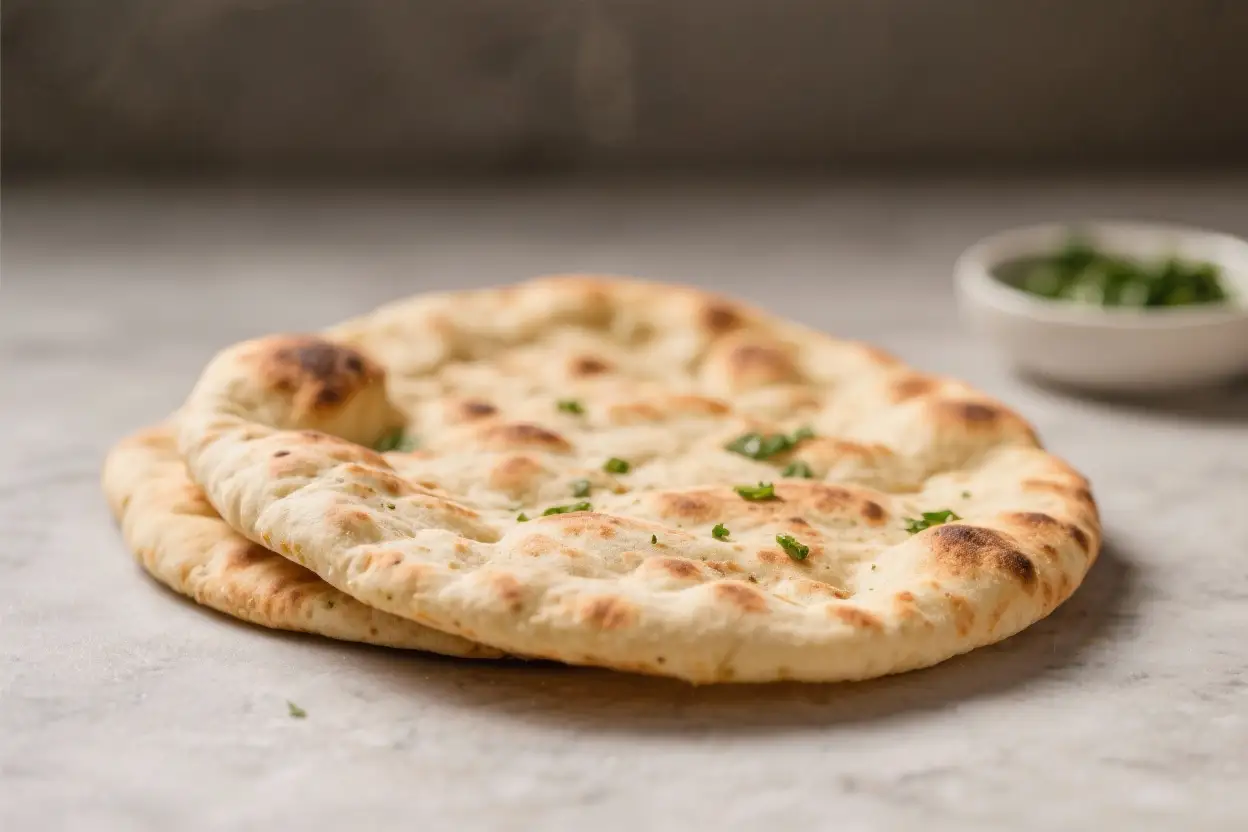 Soft homemade naan bread with golden charred spots, stacked on a countertop and garnished with fresh herbs.