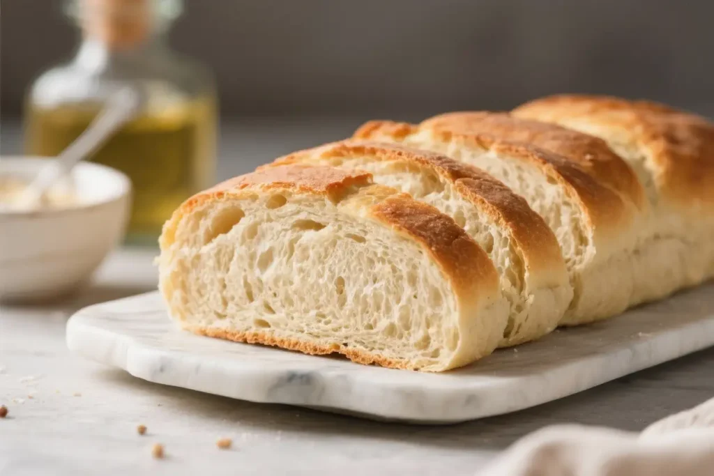 Slices of homemade no yeast bread with a golden crust and soft interior, served on a marble board.